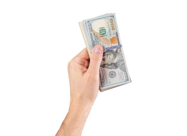 Foto mano sujetando fajo de billetes de dólar estadounidense aislado sobre fondo blanco concepto de dinero y moneda