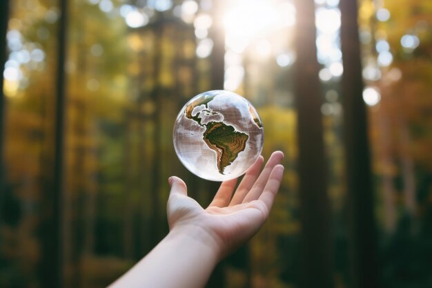 mano sujetando globo terráqueo fondo forestal