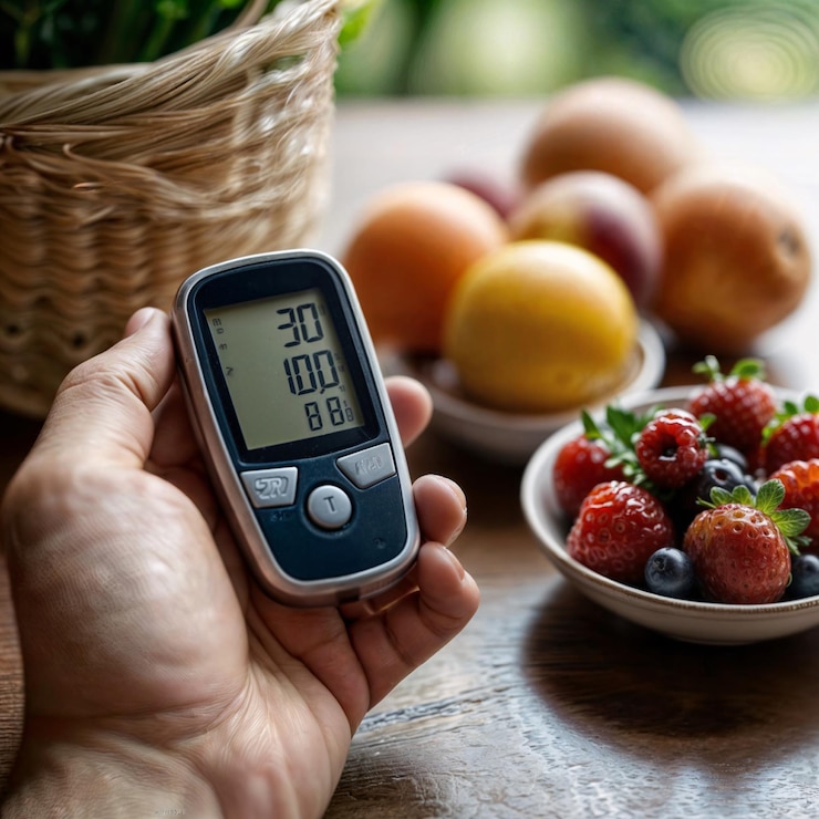 Foto mano sujetando un glucometro para la medicación de glucosa en sangre dia mundial de la diabetes