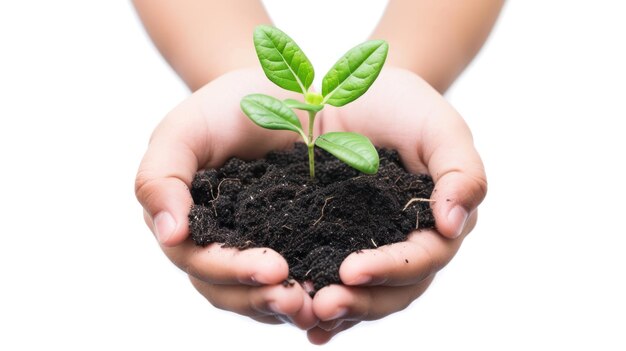 Mano sujetando la planta de siembra y fondo blanco aislado.