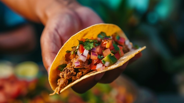 La mano con un taco mexicano