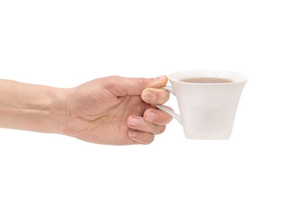 Mano con taza de té aislado en blanco