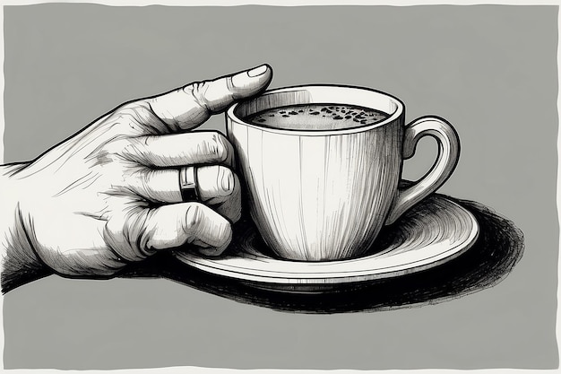 Foto mano con taza de tinta de café dibujo en blanco y negro