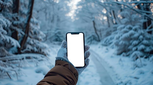 Una mano con un teléfono en el bosque de invierno