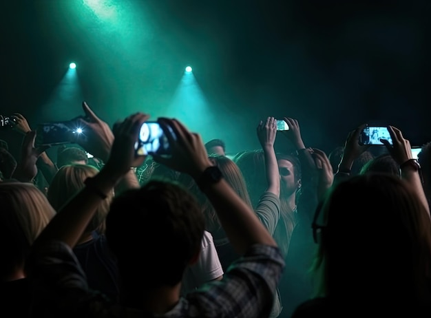 Mano con el teléfono inteligente encendido para grabar o tomar fotos durante el concierto en vivo