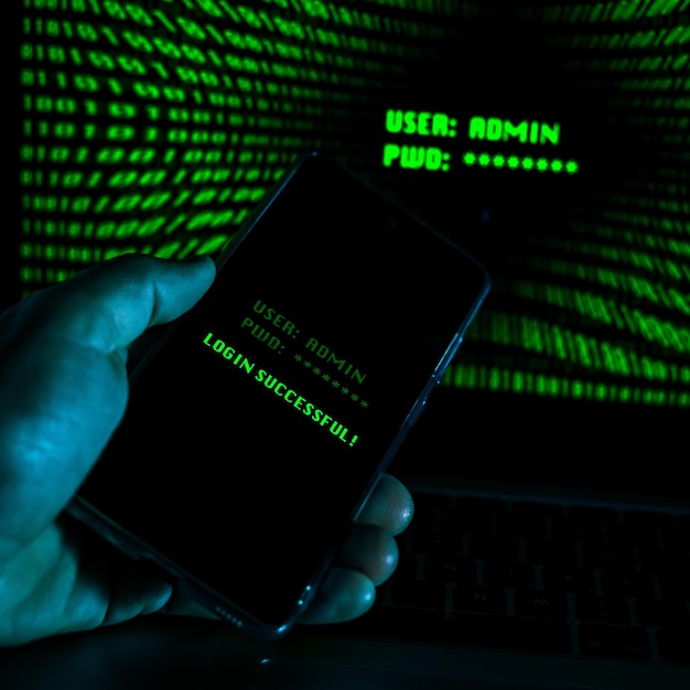 Mano con teléfono inteligente haciendo un inicio de sesión exitoso en una pantalla de red digital con números verdes
