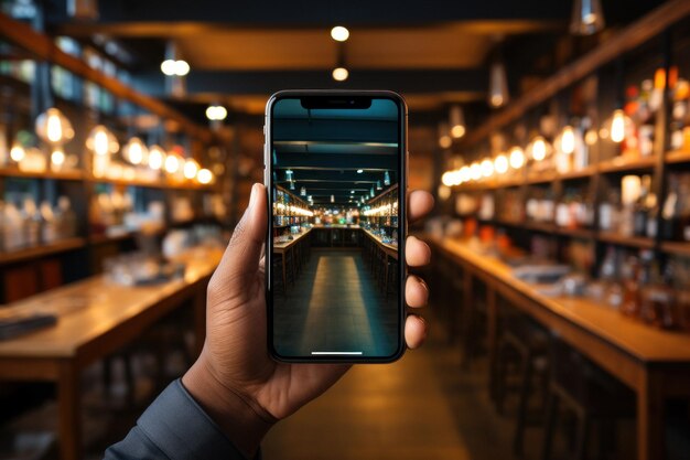 Foto mano con teléfono inteligente en la tienda de comestibles del supermercado