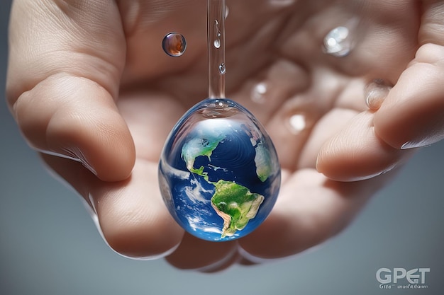 mano de la tierra con gota de agua en el vidrio mano de la Tierra con gota del agua en el mundo del vidrio día del medio ambiente e