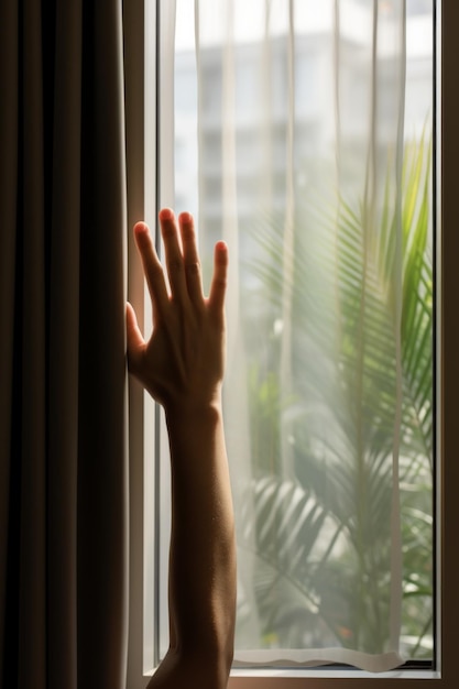 Una mano tirando de una cortina para revelar una ventana brillante