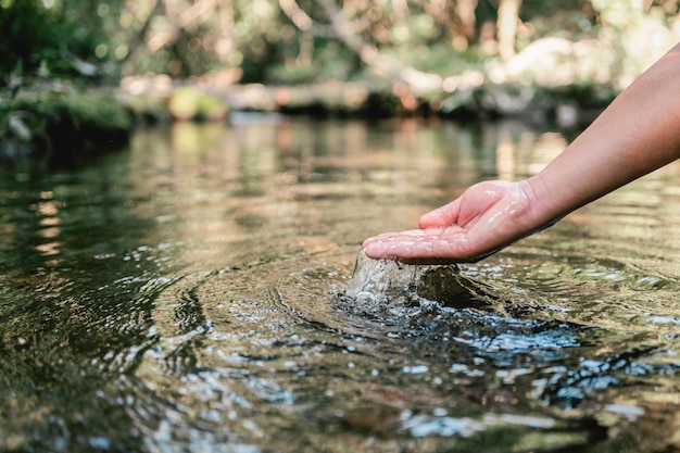 Foto la mano toca el agua en el estanque