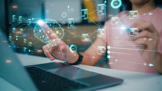 La mano toca el cerebro de la IA simbólica el aprendizaje automático la inteligencia artificial de la tecnología futurista la red de IA del cerebro en el análisis de negocios