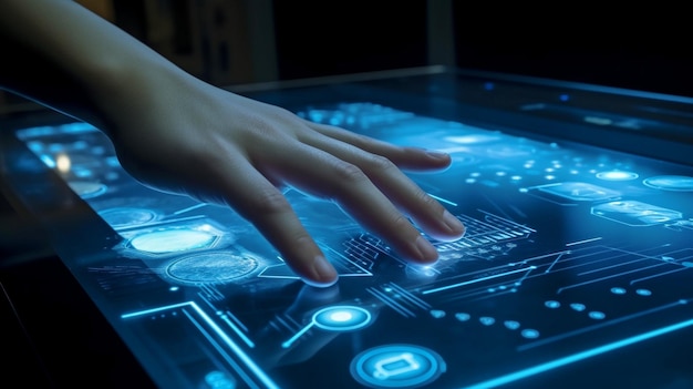 La mano toca el panel LED de pantalla táctil con numerosas representaciones de ciencia y tecnología IA generativa