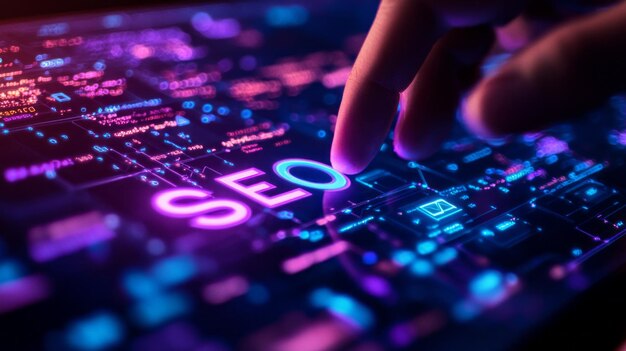 Una mano toca suavemente el texto digital brillante sobre la optimización en línea rodeado de gráficos y códigos vívidos en un entorno oscuro
