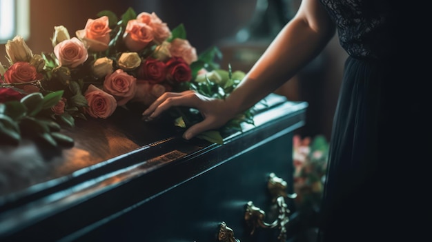 Mano tocando el ataúd con ramo de flores en un jarrón en el funeral en una iglesia