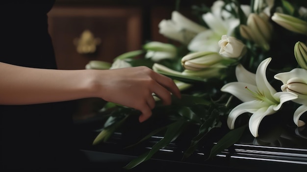 Foto mano tocando el ataúd con ramo de flores en un jarrón en el funeral en una iglesia