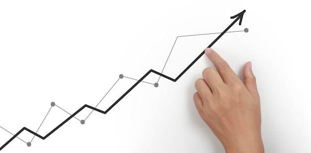 Mano tocando un gráfico de indicador financiero y gráfico de análisis de economía de mercado contable