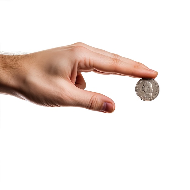 Foto mano tocando una moneda de 10 peniques sobre un fondo blanco
