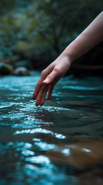 Foto la mano tocando la superficie del agua tranquila con fondo forestal