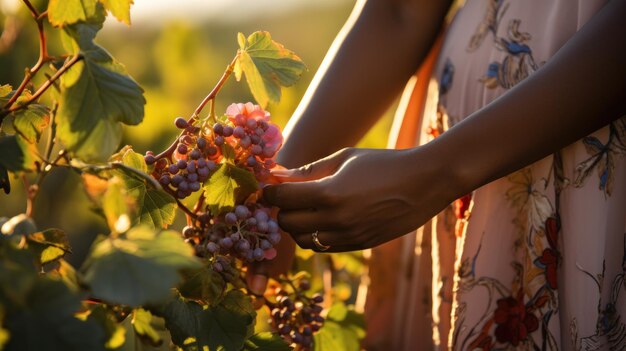 Una mano tocando las uvas en el viñedo