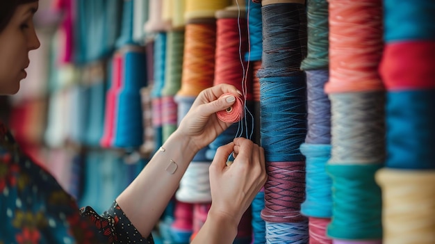 Una mano tocando una variedad de textiles enrollados con patrones y colores exhibidos AI generativa