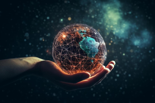 la mano de tocar la conexión de la red global y los intercambios de datos en el fondo del planeta tierra