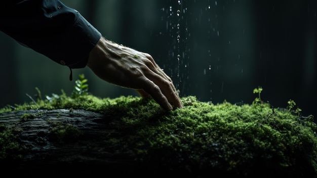 Una mano tocó delicadamente el musgo del tronco de un gran árbol. Refleja una profunda conexión con la naturaleza.