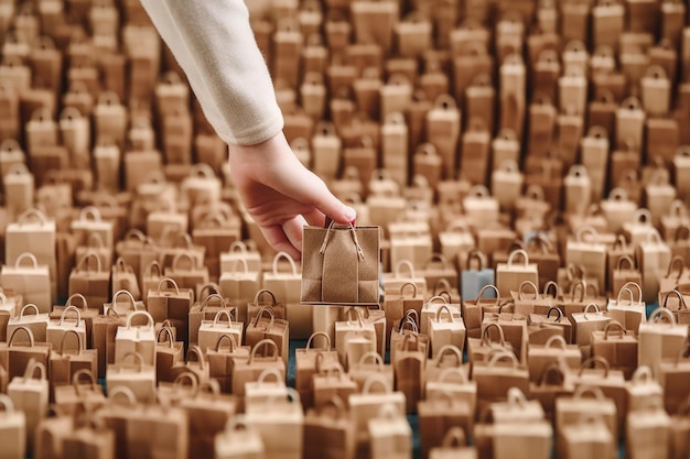 La mano toma la bolsa de compras de la pila Consumo y adicción a las compras IA generativa