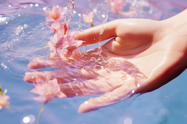 Mano de toque sereno y pétalo de flor en agua