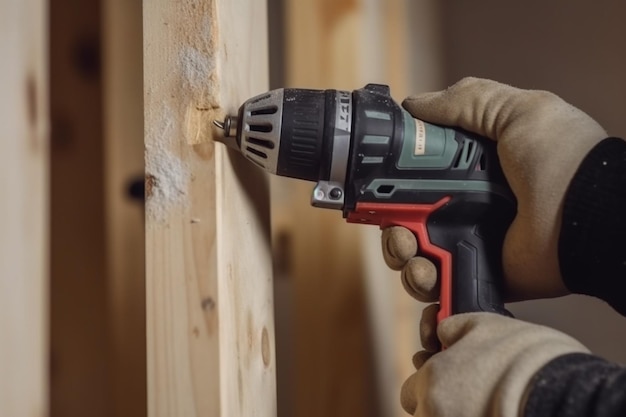 mano de trabajador con destornillador eléctrico sujetando paneles de yeso a un marco de madera con aislamiento