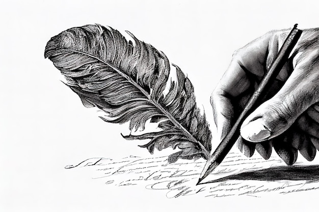 Foto una mano en traje de negocios sosteniendo la escritura con un bolígrafo antiguo de pluma de ave generative ai