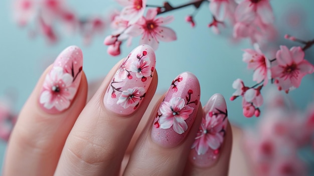 Una mano con uñas artísticamente pintadas con diseños de flores de cerezo