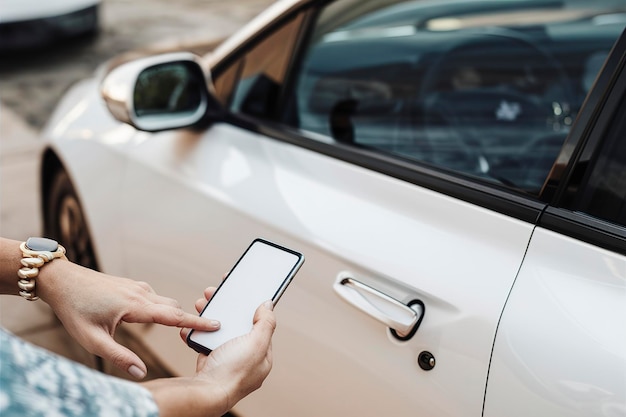 La mano usando el teléfono para cerrar el coche