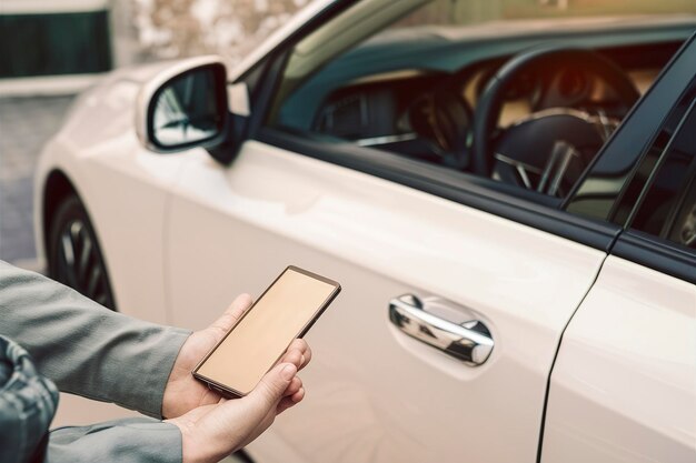 La mano usando el teléfono para cerrar el coche