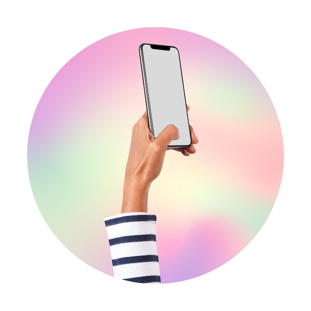 La mano usando el teléfono png insignia redonda fondo transparente