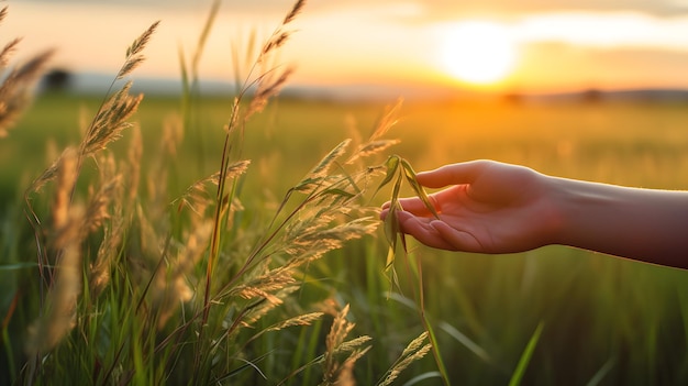 mano vacía cerca del trigo verde y la puesta de sol