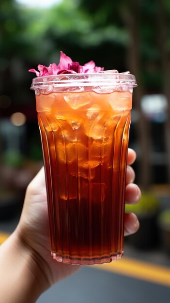 Mano con un vaso de té de hibisco helado papel pintado UHD