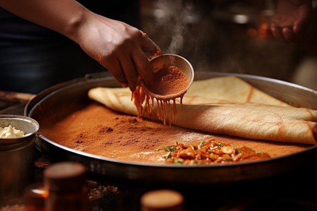 Una mano vertiendo una cuchara de masa de dosa en una parrilla caliente