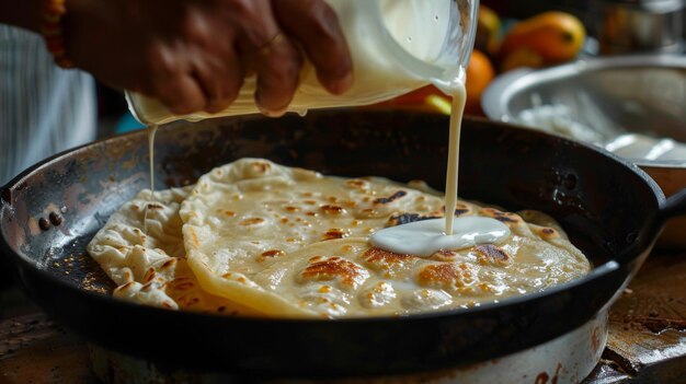 Una mano vertiendo leche condensada endulzada sobre un roti recién cocinado añadiendo una dulzura exquisita a la textura crujiente del postre