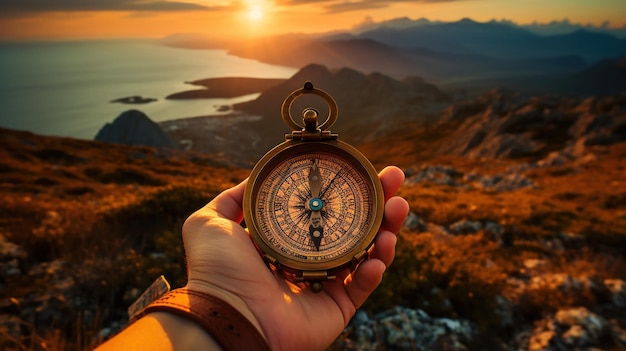 La mano de un viajero con una brújula sobre una vista panorámica