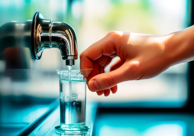 La mano de un viajero presionó el botón de la estación de servicio de agua potable en el aeropuerto generado por ai