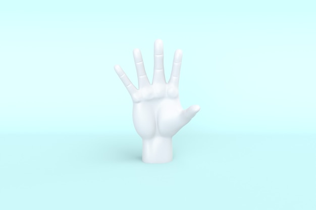 Mano de vista superior vacía mínima extendida aislada sobre fondo azul. Representación 3D