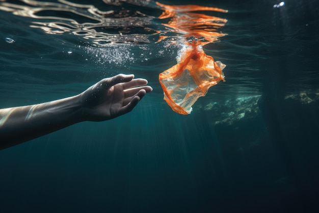 La mano de un voluntario está quitando un artículo de plástico flotante en el océano que representa el problema del plástico.