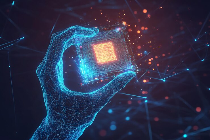 Una mano de wireframe digital sosteniendo un procesador de IA brillante que simboliza la integración de la tecnología avanzada de inteligencia artificial y la innovación humana en un mundo futurista
