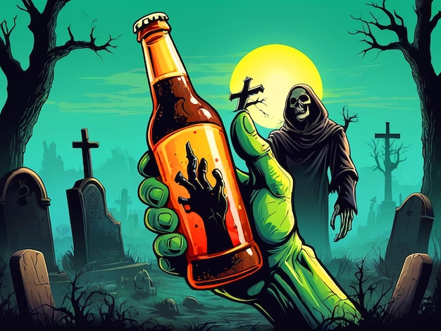 Mano de zombi con botella de cerveza en el cementerio en el diseño de camiseta vintage de BG