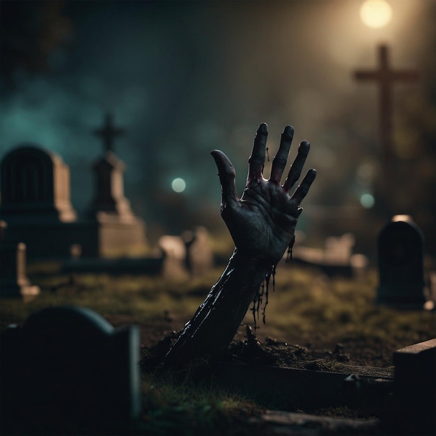 La mano zombi saliendo de un cementerio en la espeluznante noche de Halloween