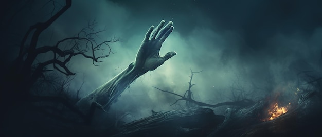 La mano de zombi saliendo de un cementerio en una noche espeluznante concepto de Halloween