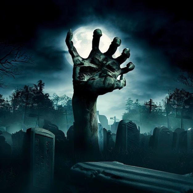 La mano zombi saliendo de un cementerio en una noche espeluznante