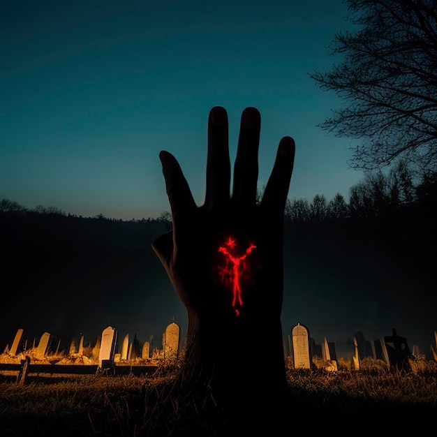 La mano zombi saliendo de un cementerio en una noche espeluznante