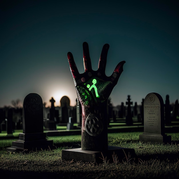 La mano zombi saliendo de un cementerio en una noche espeluznante