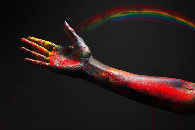 Foto mano de zombi con salpicaduras de sangre en fondo negro concepto de halloween